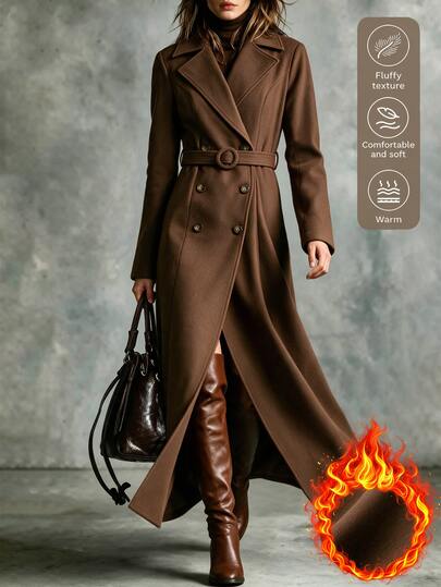 SHEIN British Vintage Waist Tie Wool Long Coat Slim Fit Knee Length Double Breasted Versatile Trench Coat