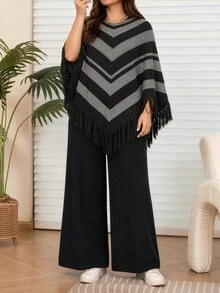 Seusyu Plus Size Women's Colorblock Tassel Design Knit Top And Pants Set - Black - View 6