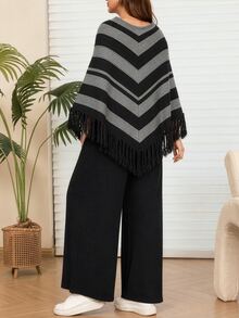 Seusyu Plus Size Women's Colorblock Tassel Design Knit Top And Pants Set - Black - View 2