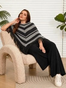 Seusyu Plus Size Women's Colorblock Tassel Design Knit Top And Pants Set - Black - View 4