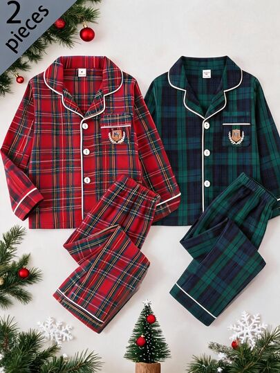 Boys' New Preppy Style Minimalist Fashion Casual Classic Plaid Shirt & Long Pants 2 Pieces Set, Open Front Long Sleeve Loungewear