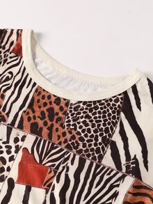 Easura Kaos Wanita Ukuran Besar Motif Leopard dengan Patchwork Imitasi, Lengan Panjang, dan Kerah Bulat, Cetak Digital - MultiWarna - View 8
