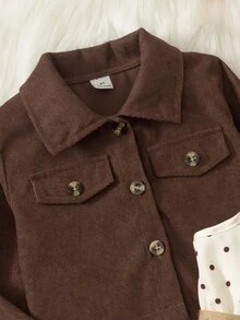 SHEIN طقم ملابس خارجية من قطعتين للفتيات الصغيرات باللون البني بنقشة زهور، بياقة وأكمام قصيرة بدون أكمام، قصير ومناسب، من قماش الكوردروي مع كشكشة وجيوب، لطيف للخريف والشتاء - بني - مشاهدة 7
