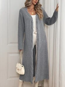 Sprig & Strand Women's Autumn New Arrival Single Piece Classic Rope Pattern Hem Perforated Loose Mid-Length Casual Slouchy Versatile Daily Commute Cardigan Top - Grey - View 6