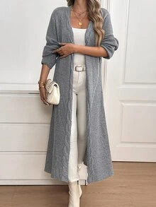 Sprig & Strand Women's Autumn New Arrival Single Piece Classic Rope Pattern Hem Perforated Loose Mid-Length Casual Slouchy Versatile Daily Commute Cardigan Top - Grey - View 5