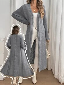 Sprig & Strand Women's Autumn New Arrival Single Piece Classic Rope Pattern Hem Perforated Loose Mid-Length Casual Slouchy Versatile Daily Commute Cardigan Top - Grey - View 3
