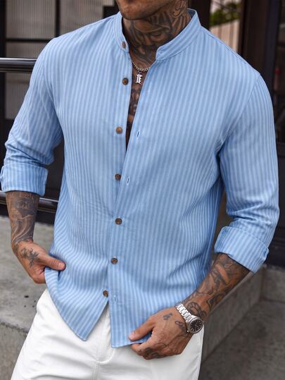 Manfinity CasualCool Men's Blue & White Vertical Striped Stand Collar Long Sleeve Shirt, Woven Slim Fit, Minimalist Casual Street Style, Daily Vacation Outing Shirt