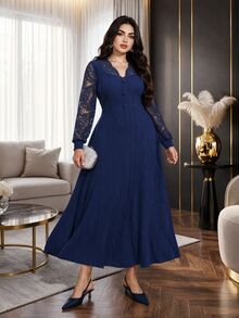 Modelyn Plus Size Elegant Party Lace Patchwork Dress - Navy Blue - View 8