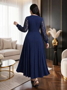 Modelyn Plus Size Elegant Party Lace Patchwork Dress - Navy Blue - View 2