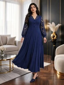 Modelyn Plus Size Elegant Party Lace Patchwork Dress - Navy Blue - View 4