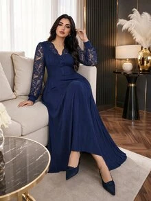 Modelyn Plus Size Elegant Party Lace Patchwork Dress - Navy Blue - View 1