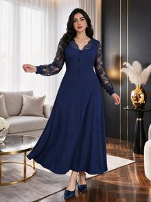 Modelyn Plus Size Elegant Party Lace Patchwork Dress - Navy Blue - View 7