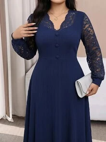 Modelyn Plus Size Elegant Party Lace Patchwork Dress - Navy Blue - View 3