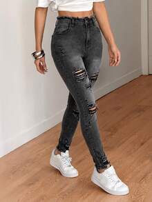 SHEIN Tall Women's Fashion Streetwear Grunge Button Pocket Distressed Denim Jeans Night Out Everyday Traveling Dark Grey Fall Outfit Going Out - Black - View 5