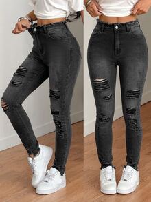 SHEIN Tall Women's Fashion Streetwear Grunge Button Pocket Distressed Denim Jeans Night Out Everyday Traveling Dark Grey Fall Outfit Going Out - Black - View 2