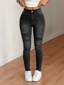 SHEIN Tall Women's Fashion Streetwear Grunge Button Pocket Distressed Denim Jeans Night Out Everyday Traveling Dark Grey Fall Outfit Going Out - Black - View 8