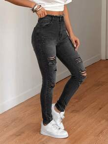 SHEIN Tall Women's Fashion Streetwear Grunge Button Pocket Distressed Denim Jeans Night Out Everyday Traveling Dark Grey Fall Outfit Going Out - Black - View 4