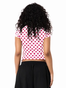 SUMWON Polka Dot Crop Slim Fit Tee With Novelty Sticker Graphic Print Crew Neck Short Sleeve Fitted Top - Hot Pink - View 2