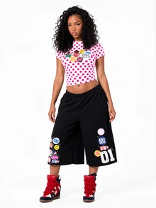 SUMWON Polka Dot Crop Slim Fit Tee With Novelty Sticker Graphic Print Crew Neck Short Sleeve Fitted Top - Hot Pink - View 3