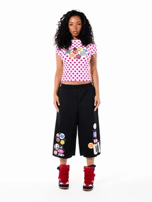 SUMWON Polka Dot Crop Slim Fit Tee With Novelty Sticker Graphic Print Crew Neck Short Sleeve Fitted Top - Hot Pink - View 5
