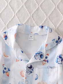 2pcs Boys Fashionable Comfortable Lapel Open Front Button-Up Astronaut Planet Print Long Sleeve Long Pants Flame Retardant Pajama Set - White - View 7