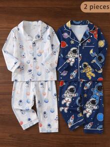 2pcs Boys Fashionable Comfortable Lapel Open Front Button-Up Astronaut Planet Print Long Sleeve Long Pants Flame Retardant Pajama Set - White - View 1