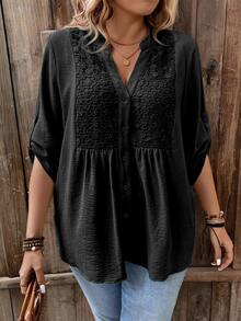 Linhara CURVE Plus Size Black Soft Ruched Texture Fabric V-Neckline Chest Patchwork Water-Soluble Lace Cuff Snap Design 3/4 Sleeve V-Neck Opening Contrast Color Buttons Casual Outing Vacation Versatile Commute Blouse - Black - View 7