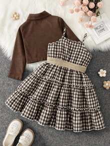 SHEIN 女童 2 件套棕色格紋領口無袖短版修身燈芯絨外套套裝，附百褶設計與口袋，休閒秋冬款 - 棕色 - 查看 2