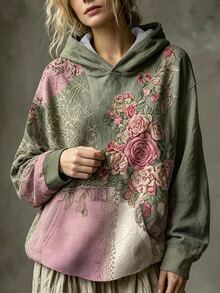 Breezaya 休閒復古花卉印花大碼女款長袖衛衣，適合秋冬日常穿著 - 彩色 - 查看 3