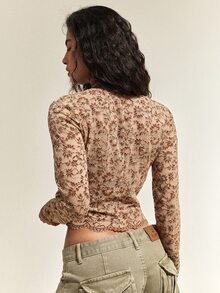 SHEIN ملابس علوية نسائية أنيقة من الدانتيل بياقة V منحنية وأكمام طويلة - لون مشمشي - مشاهدة 2