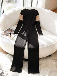 SHEIN Women's Elegant Commute Color Block Patchwork Slim Fit Jumpsuit - Black - View 2