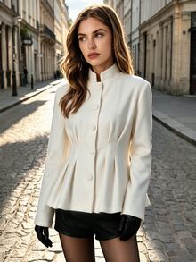 Selenza Autumn/Winter Elegant Waist-Cinching Wool Short Coat, Stand Collar Design, Pleated Waist With Flared Hem, Solid Color Minimalist Long Sleeve Wool Jacket - Apricot - View 5