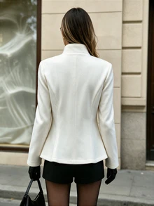 Selenza Autumn/Winter Elegant Waist-Cinching Wool Short Coat, Stand Collar Design, Pleated Waist With Flared Hem, Solid Color Minimalist Long Sleeve Wool Jacket - Apricot - View 2