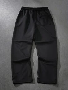 Manfinity CasualCool 男士黑色彈性腰寬腿休閒復古金屬扣純色百搭運動長褲 - 黑色 - 查看 2