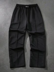 Manfinity CasualCool 男士黑色彈性腰寬腿休閒復古金屬扣純色百搭運動長褲 - 黑色 - 查看 3