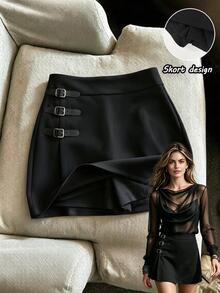 SHEIN Franclia Fall Women's Black Casual Hip Hop Skirt Belt Buckle Slit Lining Design Going Out School Halloween Christmas - Black - View 7