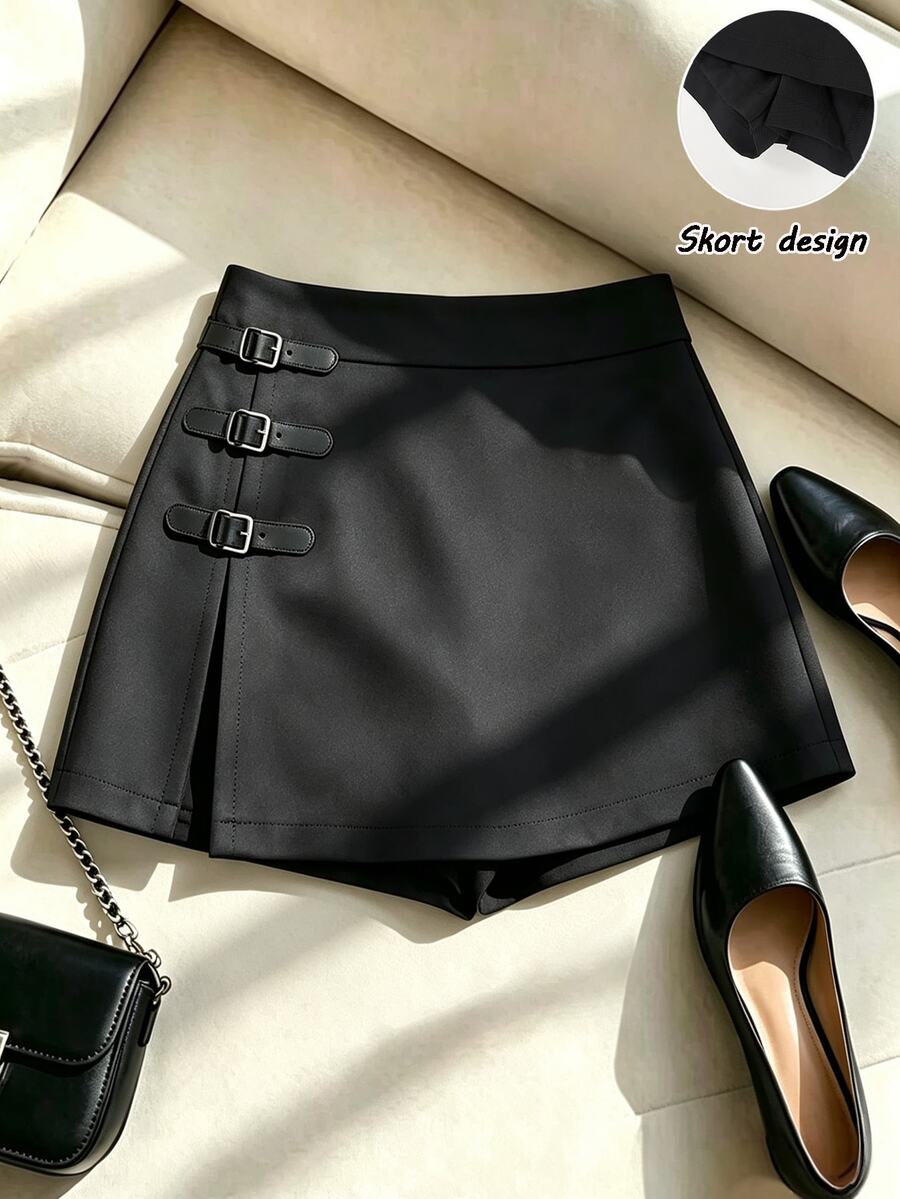 SHEIN Franclia 秋季女款黑色休閒嘻哈裙 腰帶扣開衩內襯設計 外出上學萬聖節聖誕節適用 - 黑色 - 查看 1