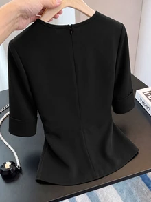 SHEIN Franclia Women's Solid Color Round Neck Short Sleeve Casual Commute Blouse - Black - View 2