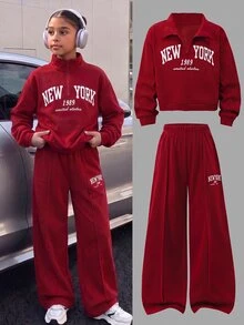 SHEIN 青少年女孩春秋冬休閒兩件套 紐約字母印花立領衛衣與短褲套裝，保暖校園穿搭，適合日常穿著、上學、通勤、外出、散步、購物、旅行，可搭配夾克、背心、棉襖 - 酒紅色 - 查看 5