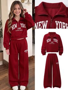 SHEIN 青少年女孩春秋冬休閒兩件套 紐約字母印花立領衛衣與短褲套裝，保暖校園穿搭，適合日常穿著、上學、通勤、外出、散步、購物、旅行，可搭配夾克、背心、棉襖 - 酒紅色 - 查看 2
