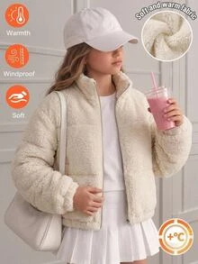 SHEIN 青少年女孩毛絨加厚保暖內裡時尚休閒極簡主義秋冬外套 - 米色 - 查看 6
