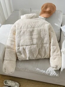 SHEIN 青少年女孩毛絨加厚保暖內裡時尚休閒極簡主義秋冬外套 - 米色 - 查看 3