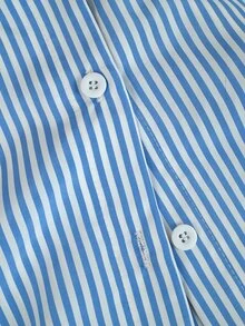 GlowEve CURVE Plus Size Striped Waist Drawstring Curved Hem Long Sleeve Casual Women's Shirt - Blue and White - View 6