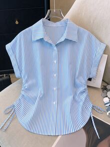 GlowEve CURVE Plus Size Striped Waist Drawstring Curved Hem Long Sleeve Casual Women's Shirt - Blue and White - View 7