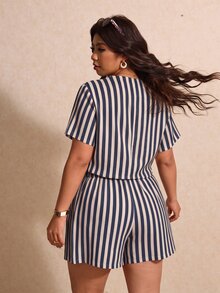 Melodosi Plus Size Women Striped Short Sleeve Single-Breasted Shirt And Shorts Casual 2 Pieces Set - Navy Blue - View 2
