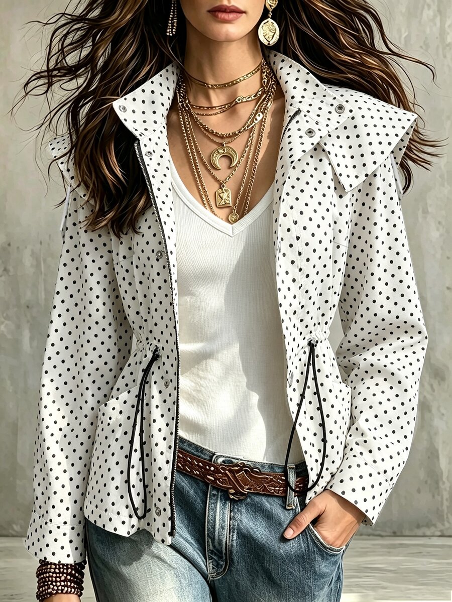 SHEIN Women's New Fall Style Black And White Polka Dot Elegant Stand Collar Cinched Waist Long Sleeve Trench Coat,Suitable For Halloween And Office - Black and White - View 1