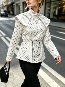 SHEIN Women's New Fall Style Black And White Polka Dot Elegant Stand Collar Cinched Waist Long Sleeve Trench Coat,Suitable For Halloween And Office - Black and White - View 6