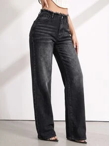 SHEIN Tall 女款腰部拼接毛邊直筒寬鬆休閒牛仔褲 - 黑色 - 查看 4