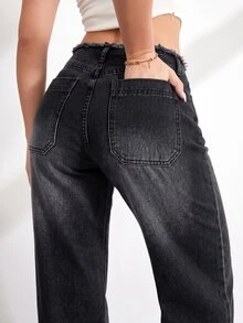 SHEIN Tall 女款腰部拼接毛邊直筒寬鬆休閒牛仔褲 - 黑色 - 查看 2