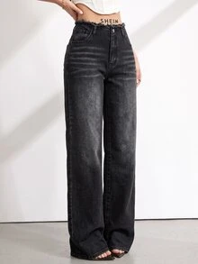 SHEIN Tall 女款腰部拼接毛邊直筒寬鬆休閒牛仔褲 - 黑色 - 查看 3